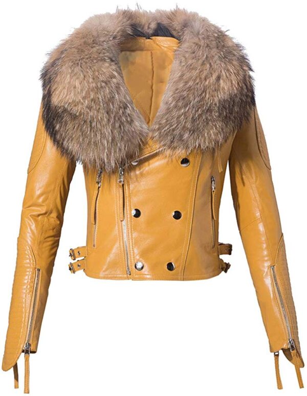 Big Raccoon Fur Collar Leather Moto Jacket