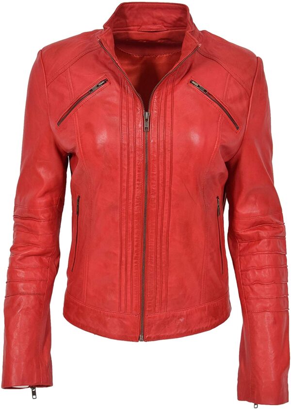 Womens Real Red Biker Style Leather Jacket