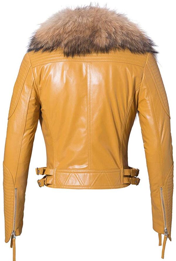 Womens Reals Leather Moto Jacket with Big Raccoon Fur Collar