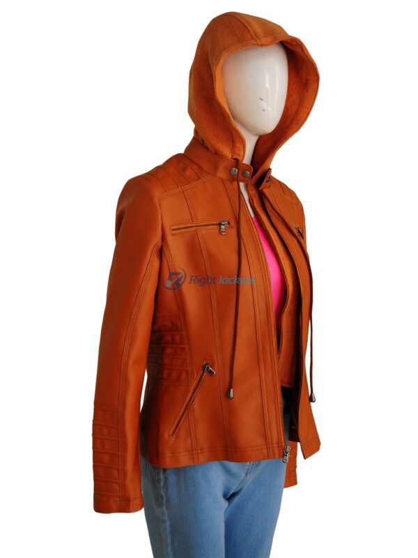 Womens Removable Hood Leather Brown Jacket 1
