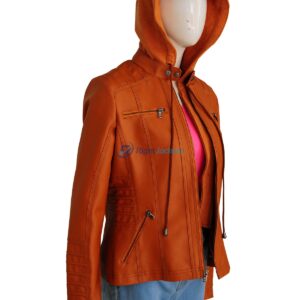 Women’s Removable Hood Brown Leather Jacket