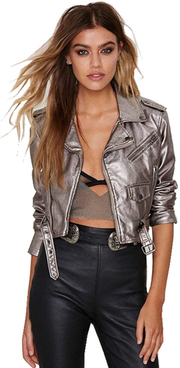 Womens Shiny Metallic Faux Leather Moto Biker Silver Jacket