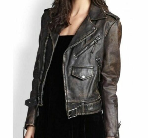 Womens Vintage Distressed Biker Leather Jacket