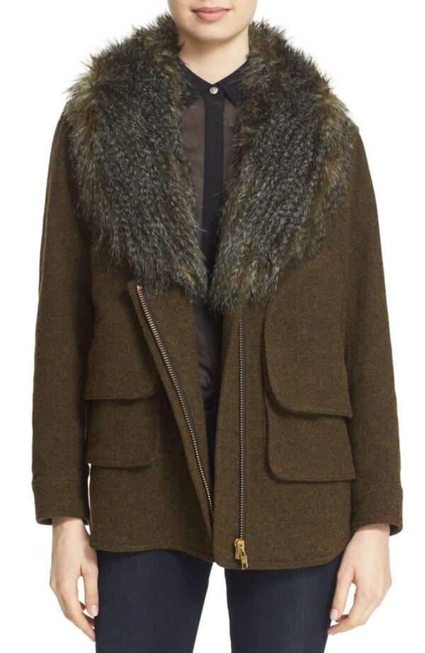 Wool Blend Flak Jacket with Removable Faux Fur Collar