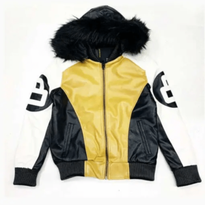8 Ball Fur Hooded Bomber Leather Jacket