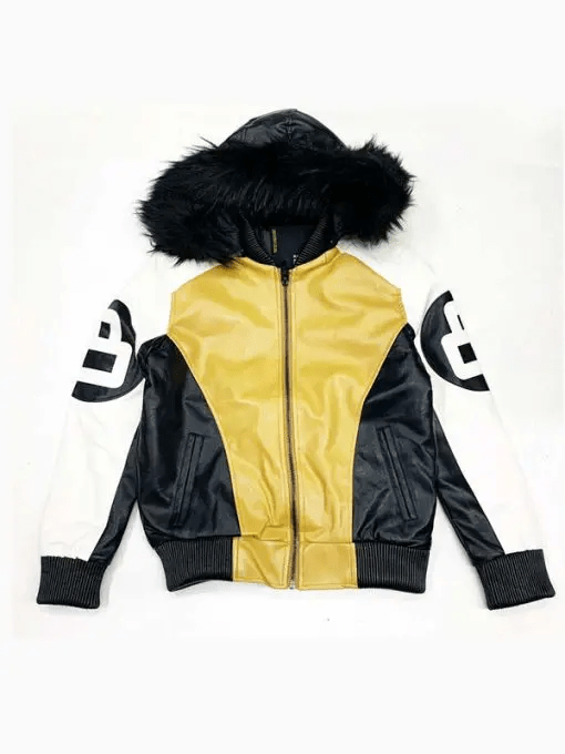 8 Ball Fur Hooded Bomber Leather Jacket