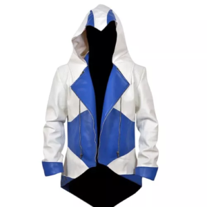 Assassins Creed 3 White and Blue Leather Jacket