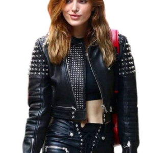 Bella Thorne Silver Studded Cropped Top Leather Jacket