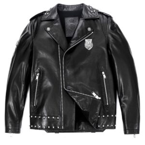 Black Metal Leather Moto Biker Jacket