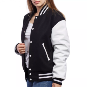 Black Wool Body Bright White Leather Sleeves Letterman Jacket