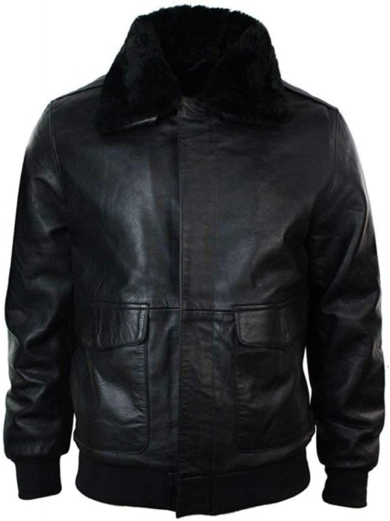 Black Leather Jacket With Fur Collar - Right Jackets