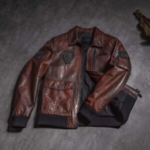 Brown Shirt Collar Patched Leather Bomber Jacket