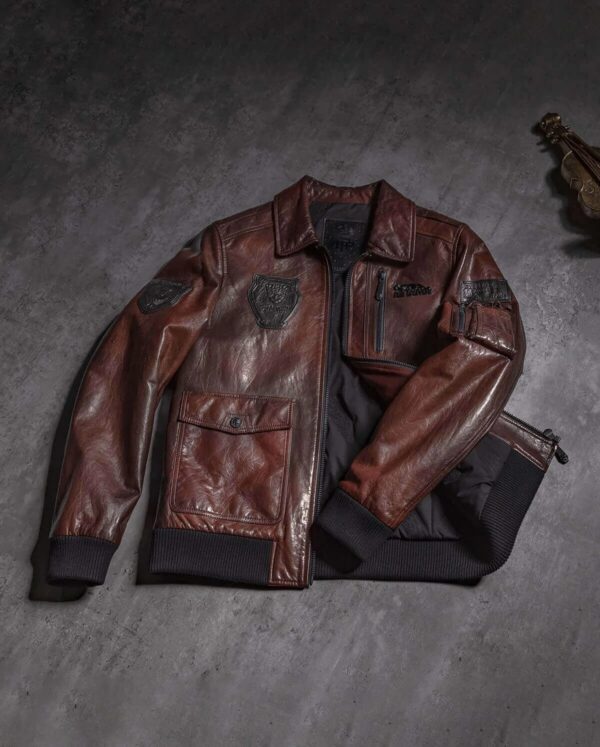 Brown Shirt Collar Patched Leather Bomber Jacket