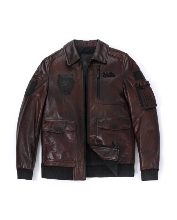 Brown Shirt Collar Patched Leather Bomber Jackets