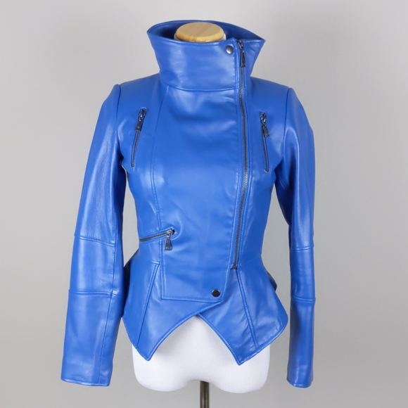 Gilis Qvc Peplum Moto Blue Leather Jacket