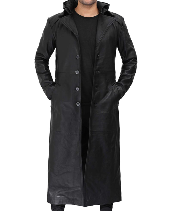 Gravels Black Hooded Leather Trench Coat