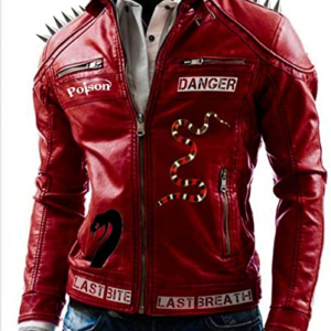 I Am Venomous Last Bite Snake Logo Danger Red Studded Biker Leather Jacket