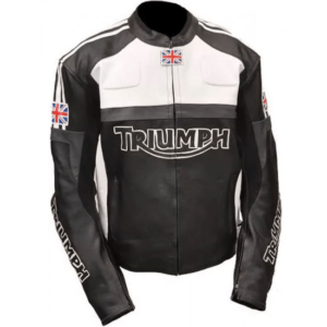 Racing Triumph Black And White Motorcycle Leather Jacket
