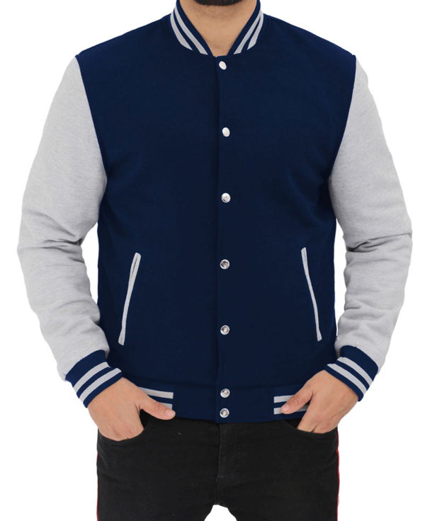 Varsity Style Navy Blue And Grey Fleece Jacket