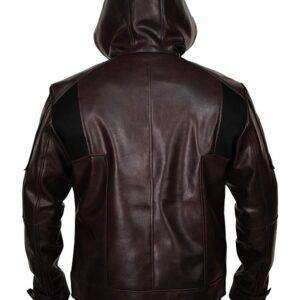 New Look Solid Hooded Brown Real Leather with Net Fabric Bikers Style Jacket Back