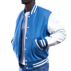 Newark Blue Wool Body Bright White Leather Sleeves Letterman Jacket