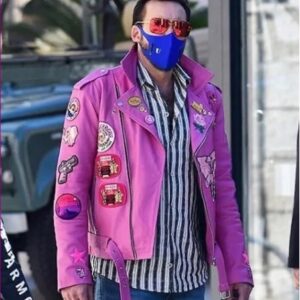 Nicolas Cage Pink Faux Leather Custom Made Patch Jacket