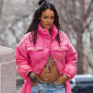 Rihanna Pink Silk Puffer Coat