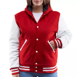 Scarlet Wool Body & Bright White Sleeves Hoodie Varsity Jacket