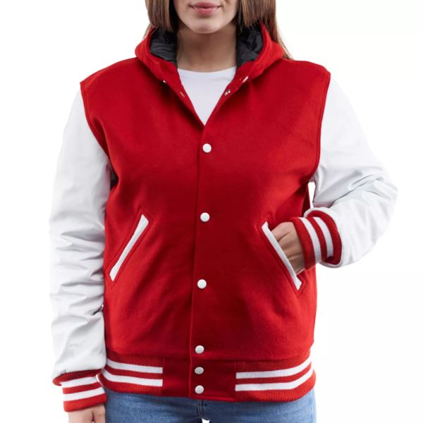 Scarlet Wool Body Bright White Sleeves Hoodie Letterman Jacket