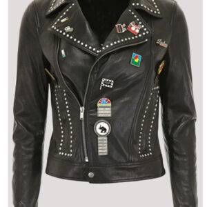 Silver Studded Biker Jacket With Pins