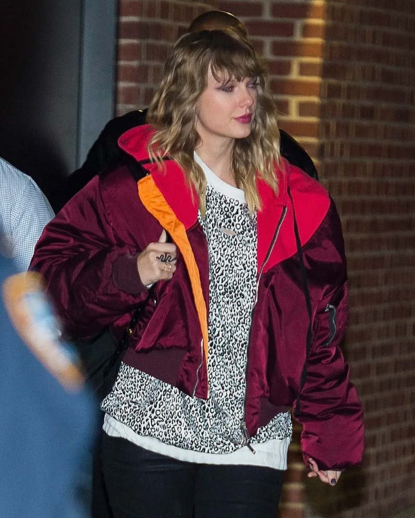 Taylor Swift Burgundy Oversized Satin Bomber Jacket