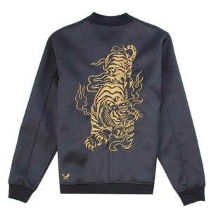 Tiger Ornament Strapped Black and Gold Bomber Jacket