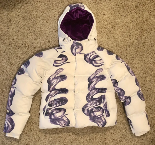 White & Royal Purple Snake Puffer Jacket