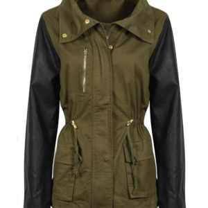 Womens Army Green Jacket With Leather Sleeves