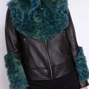 Womens Faux Shearling Aviator Black Leather Jacket