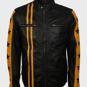 Cafe Racer Yellow Star Stripes Black Leather Jacket