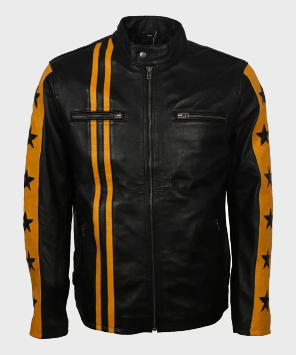 Cafe Racer Yellow Star Stripes Black Leather Jacket