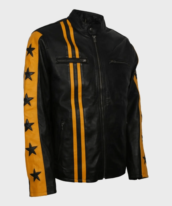Yellows Star Stripes Cafe Racer Leather Jacket