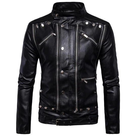 Men’s Biker Slim Fit Stand Collar Black Leather Jacket