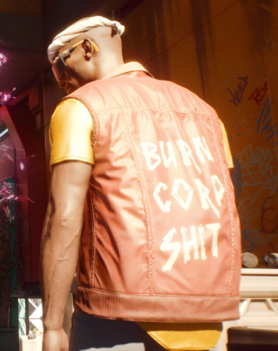 Cyberpunk 2077 Burn Corp Shit Orange Leather Vest