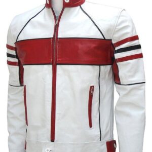 Men’s Stylish White & Red Biker Leather Jacket