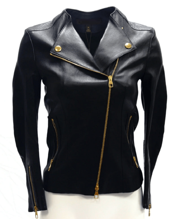 Women’s Black Biker Gold Zippers Leather Jacket