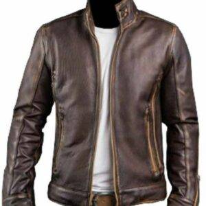 Men’s Cafe Racer Distressed Brown Leather Jacket