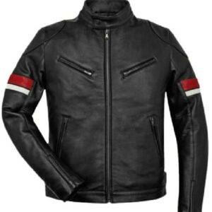 Cafe Racer Black Leather Red And White Striped Jacket