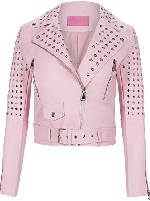 Girls5eva Busy Philipps Pink Moto Studded Jacket