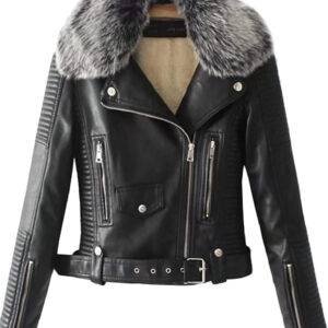Women Biker Faux Fur Leather Jacket