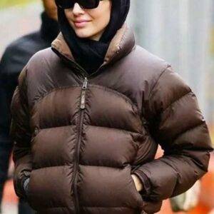 American Actress Kim Kardashian Brown Puffer Jacket