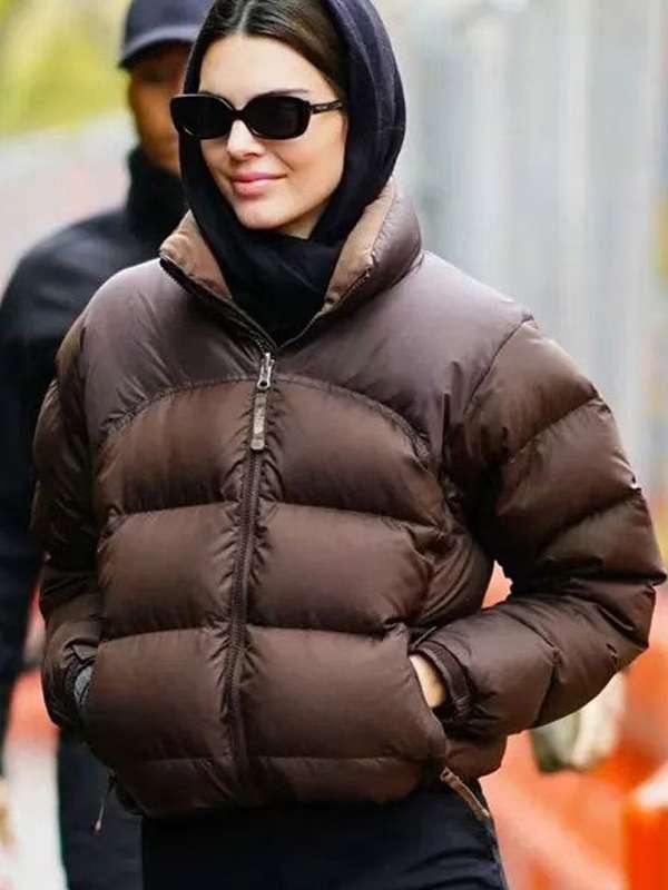 American Actress Kim Kardashian Brown Puffer Jacket