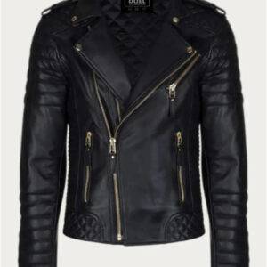 Mens Gold Hardware Black Leather Biker Jacket