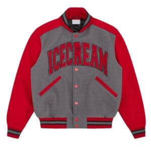 Gray Red Icecream College Varsity Full Snap Wool Jacket